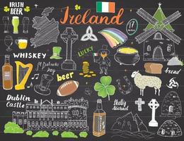 Irlanda esboço doodles. mão desenhada elementos irlandeses definidos com bandeira e mapa da Irlanda, cruz celta, castelo, trevo, harpa celta, moinho e ovelha, garrafas de uísque e cerveja irlandesa, ilustração vetorial vetor