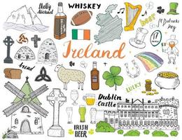 Irlanda esboço doodles. mão desenhada elementos irlandeses definidos com bandeira e mapa da Irlanda, cruz celta, castelo, trevo, harpa celta, moinho e ovelha, garrafas de uísque e cerveja irlandesa, ilustração vetorial vetor