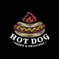 logotipo rótulo do quente cachorro com fogo dentro rabisco vintage ilustração vetor