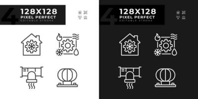 hvac sistema linear ícones conjunto para escuro, luz modo. ar doença. resfriamento e aquecimento. ventilação equipamento. fino linha símbolos para noite, dia tema. isolado ilustrações. editável acidente vascular encefálico vetor