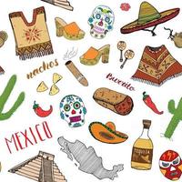 elementos de doodle de padrão sem emenda do México, esboço desenhado de mão chapéu sombrero tradicional mexicano, poncho, cacto e garrafa de tequila, mapa do México, crânio, instrumentos musicais. fundo da ilustração do vetor. vetor