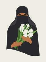 uma mulher dentro tradicional muçulmano roupas detém tulipas dentro dela mãos. menina dentro hijab com branco flores moderno cartão postal para internacional mulheres dia e 8 marchar. vetor. vetor