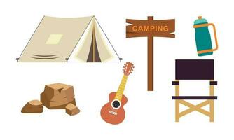 desenho animado acampamento e caminhada equipamento barraca e floresta natureza acampamento logotipo vetor