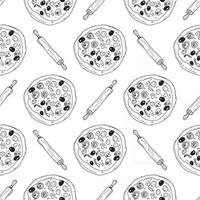 esboço desenhado de mão de padrão sem emenda de pizza. pizza inteira e fatia doodles fundo de comida. ilustração vetorial vetor