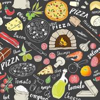 esboço desenhado de mão de padrão sem emenda de pizza. pizza doodles fundo de comida com farinha e outros ingredientes alimentares, forno e utensílios de cozinha. ilustração vetorial vetor