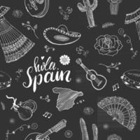 Espanha sem costura padrão doodle elementos, esboço desenhado à mão, camarões comida espanhola, azeitonas, uva, bandeira e letras. fundo da ilustração do vetor. vetor