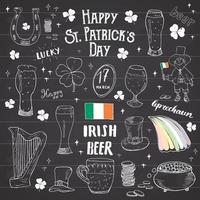 Conjunto de ícones de doodle desenhado de mão de St Patrick, com duende, pote de moedas de ouro, arco-íris, cerveja, trevo de quatro leef, ferradura, harpa celta e ilustração vetorial de bandeira da Irlanda. vetor