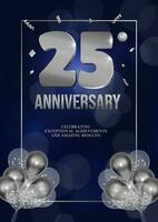 aniversário celebração folheto prata números Sombrio fundo Projeto com realista balões 25 vetor
