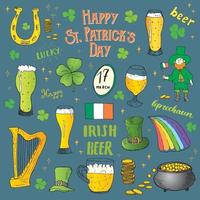 Conjunto de doodle desenhado à mão do dia de São Patrício, com duende, pote de moedas de ouro, arco-íris, cerveja, trevo de quatro folhas, ferradura, harpa celta e bandeira da Irlanda. vetor