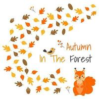 vetor ilustração com fofa esquilo, pássaro e folha outono dentro desenho animado estilo. floresta animais e plantas. outono dentro a floresta.