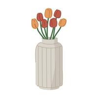 fofa moderno flor vaso com tulipas. cerâmico Panela com Primavera flores isolado em branco. vetor