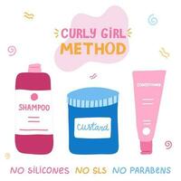 conjunto com Cosmético produtos para encaracolado menina método. beleza garrafas para limpeza, condicionamento, estilo excêntrico, frizz cabelo. certo cosméticos para saudável encaracolado, onda cabelo. fofa clipart. mão desenhado vetor. vetor