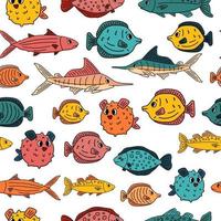 padrão sem emenda de animais isolados do doodle. conjunto de peixes de vetor de desenho de contorno, espiga, solha, atum, burrfish do oceano, marlin do mar. ilustração em fundo branco para livro infantil ou estampas