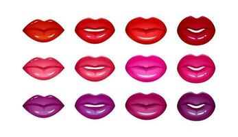 realista lábios vetor conjunto isolado em branco. mulheres 3d boca, vermelho, Rosa e roxa brilhante lustroso batom. moda glamour ilustração.