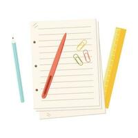papel folhas pilha com caneta e lápis. escola suprimentos. vetor ilustração