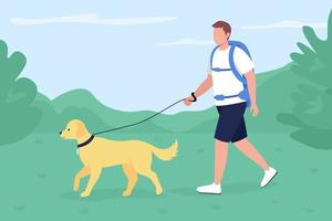 Trekker passear com cachorro em ilustração vetorial de cor lisa no campo vetor