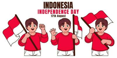 pequeno Garoto carregando indonésio bandeira, a comemorar indonésio independência dia vetor