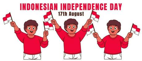 pequeno Garoto acenando indonésio bandeira, Indonésia independência dia celebração vetor