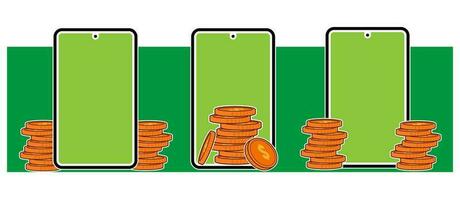 Smartphone com pilhas do moedas e dinheiro sacos vetor