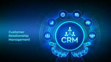 crm. cliente relação gerenciamento. cliente serviço e relação. empreendimento comunicação e planejamento conceito em virtual tela. robótico mão tocante digital interface. vetor ilustração.