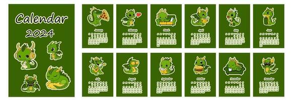2024 calendário com verde dragões Projeto. calendário planejador mínimo estilo, anual organizador. vetor ilustração