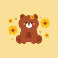mão desenhando desenho animado Urso e flor. fofa animal fundo para cartão, cobrir vetor