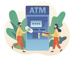 atm conceito. minúsculo pessoas esperando dentro linha perto atm máquina segurando crédito cartão e dinheiro. bancário terminal. conectados pagamento. moderno plano desenho animado estilo. vetor ilustração em branco fundo