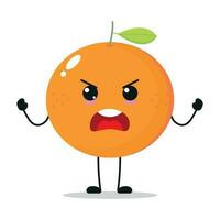 fofa Bravo laranja personagem. engraçado furioso laranja desenho animado emoticon dentro plano estilo. fruta emoji vetor ilustração