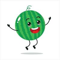 fofa feliz Melancia personagem. engraçado saltar Melancia desenho animado emoticon dentro plano estilo. fruta emoji vetor ilustração