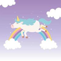 unicórnio arco-íris céu estrelado nuvens fantasia mágica desenho animado animal fofo vetor