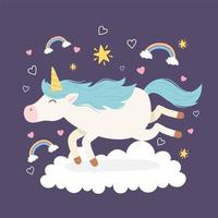 unicórnio correndo nuvem arco-íris amor fantasia mágica desenho animado animal fofo vetor