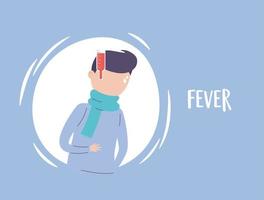 infográfico de pandemia covid 19, homem com sintoma de febre coronavírus vetor