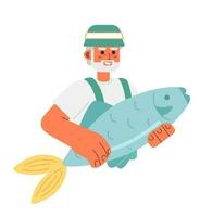 velho pescador segurando grande peixe semi plano cor vetor personagem. editável metade corpo feliz homem em branco. simples desenho animado local ilustração para rede gráfico Projeto