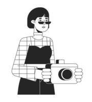 atraente fotógrafo com Câmera plano linha Preto branco vetor personagem. editável esboço metade corpo ásia menina levando cenário. simples desenho animado isolado local ilustração para rede gráfico Projeto