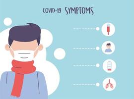 infográfico de pandemia covid 19, paciente com máscara médica, sintomas da doença por coronavírus vetor