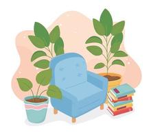 decoração de livros de plantas em vasos de sofá para casa vetor