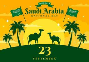 feliz saudita arábia nacional dia vetor ilustração em setembro 23 com acenando bandeira fundo dentro plano desenho animado mão desenhado aterrissagem página modelos