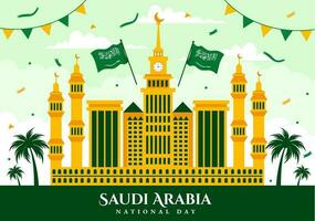 feliz saudita arábia nacional dia vetor ilustração em setembro 23 com acenando bandeira fundo dentro plano desenho animado mão desenhado aterrissagem página modelos