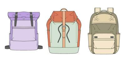 mão desenhado colorido vetor conjunto do mochilas. desenho animado casual mochila, legal mochila colorido. mochilas vetor ilustração.