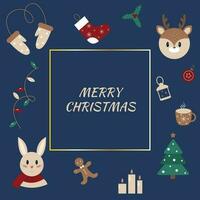 feriado cartão com desejo do alegre Natal. fofa festivo elementos em azul fundo. vetor ilustração.