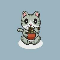 fofa gato comendo ramen desenho animado ícone ilustração vetor