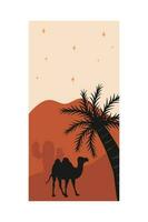 vetor ilustração do pôr do sol deserto panorama. selvagem ocidental texas deserto pôr do sol com montanhas e cacto dentro plano desenho animado estilo.