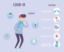 covid 19 infográfico pandêmico, sintomas e prevenção, proteção contra surto de doença coronavírus vetor