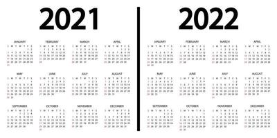 calendário 2021-2022. a semana começa no domingo. Modelo de calendário anual de 2021 e 2022. Calendário anual de 12 meses definido em 2021 e 2022 com design em cores preto e branco. domingo em cores vermelhas vetor
