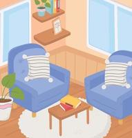 sofás de um lar doce com almofadas mesa livros estantes janelas quarto vetor