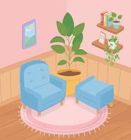 cadeira de sofá em casa doce planta em vaso em prateleiras de carpete livros plantas quarto de quadro vetor