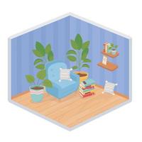 sofá caseiro com almofada de plantas em vasos de estante de livros estilo isométrico
