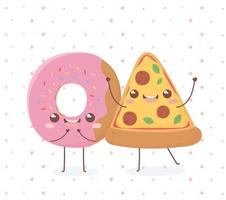 donut e pizza kawaii food cartoon personagem design vetor