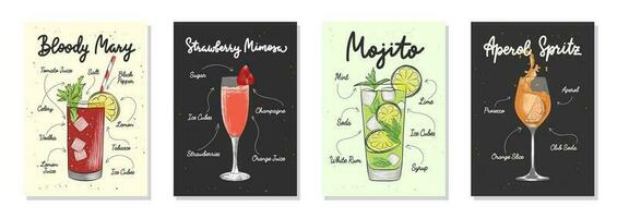 conjunto de 4 listas de receitas publicitárias com cartazes de letras de bebidas alcoólicas, coquetéis e bebidas, decoração de parede, estampas, design de menu. tipografia desenhada à mão com esboços. caligrafia manuscrita. vetor