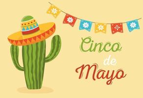 cacto com decoração de chapéu celebração mexicana de cinco de mayo vetor